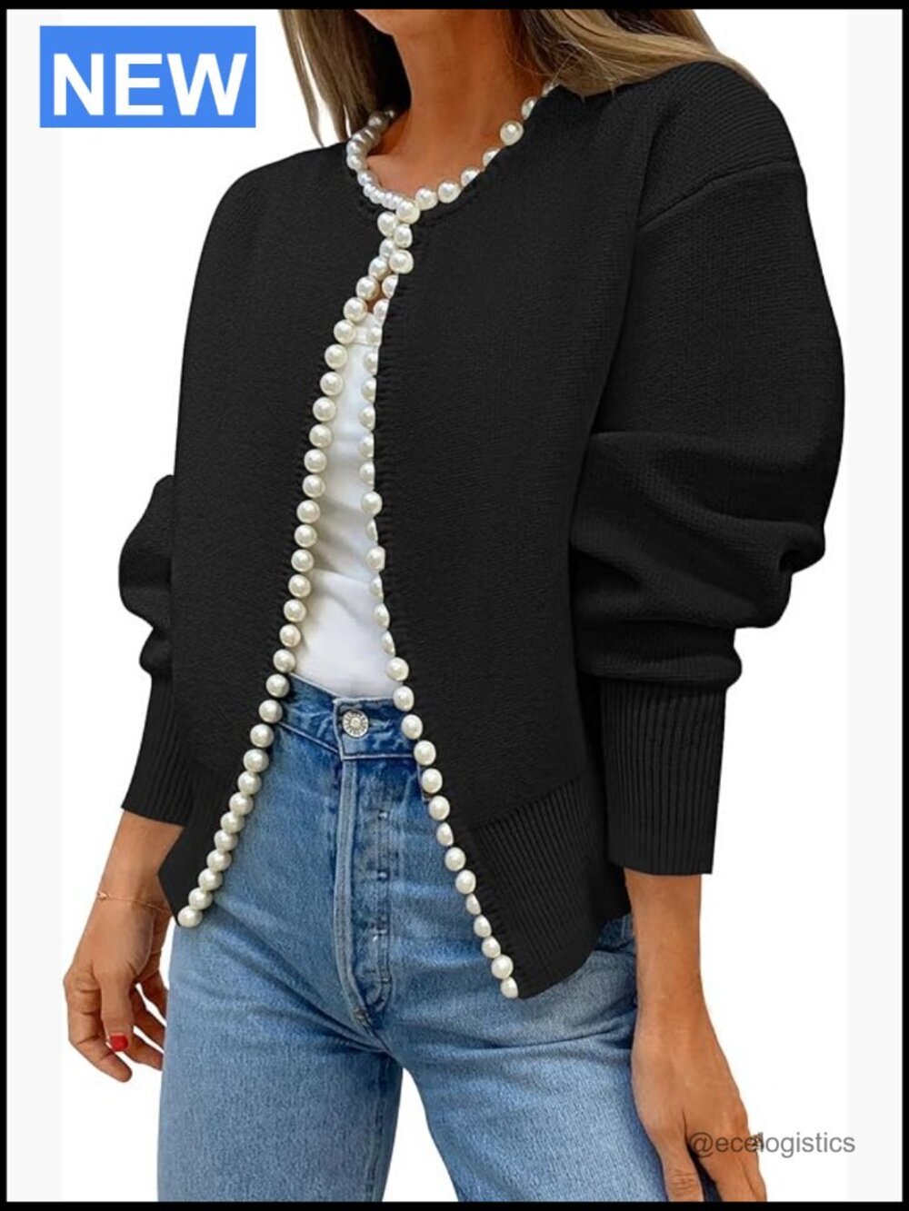 Open Front Cardigan Sweater Long Sleeve Pearl Trim Knit Coat Trendy